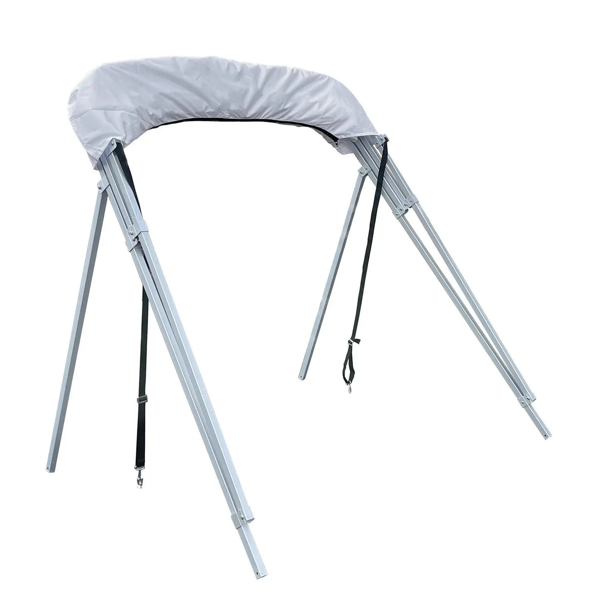 Folded 4-bow Bimini top for boats, stored in white protective boot, featuring square aluminum frame, rear poles, and front tie-down straps.