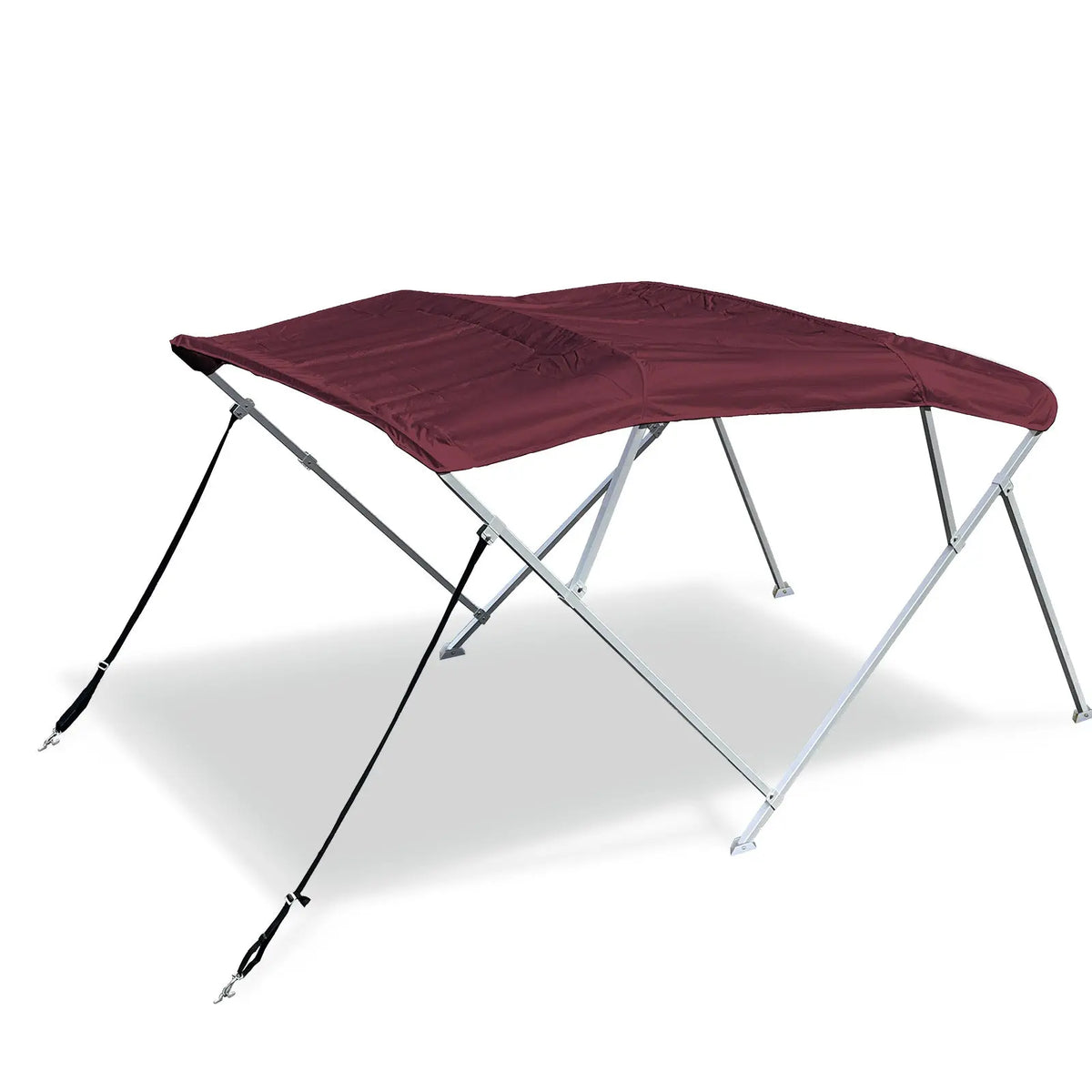 Burgundy 4-bow boat Bimini top with square aluminum frame, marine-grade polyester canvas, deck mount hardware, rear poles, front straps.