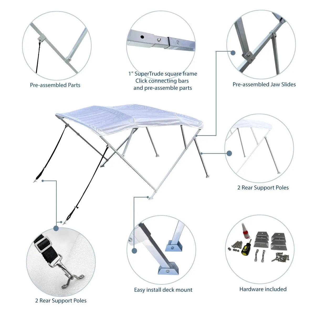 Square aluminum frame detail with quick-click connecting bars and pre-assembled hardware for easy installation.