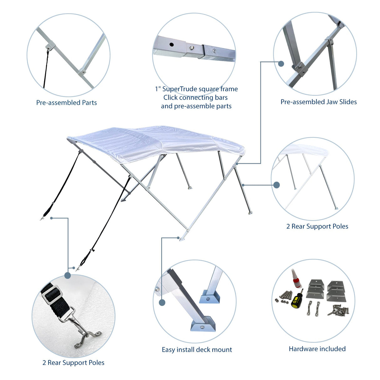 Savvycraft Waterproof 4 Bow Bimini Top Square Tube Full Set 120" Long 54" High