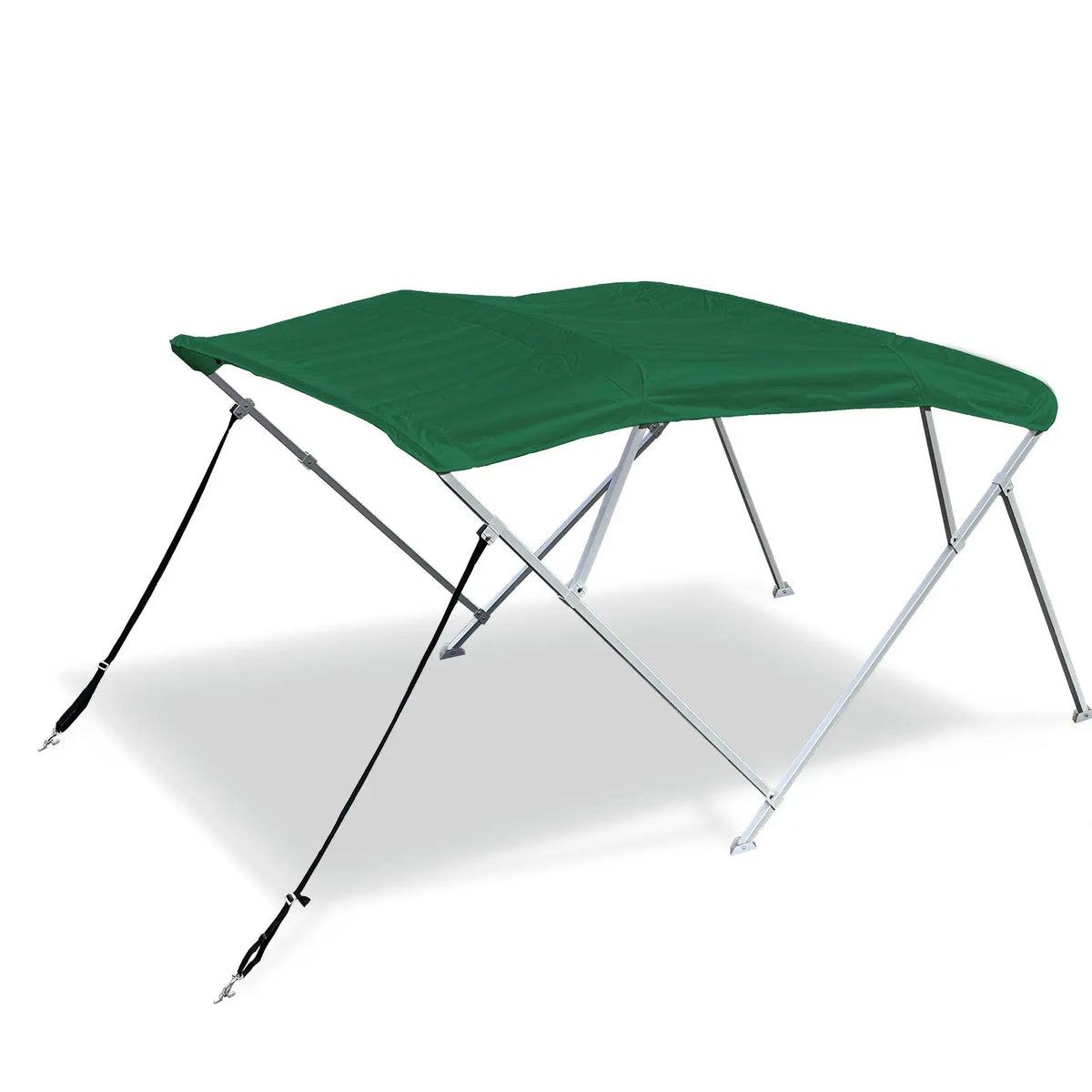 Green 4-bow boat Bimini top with square aluminum frame, marine-grade polyester canvas, deck mount hardware, rear poles, front straps.