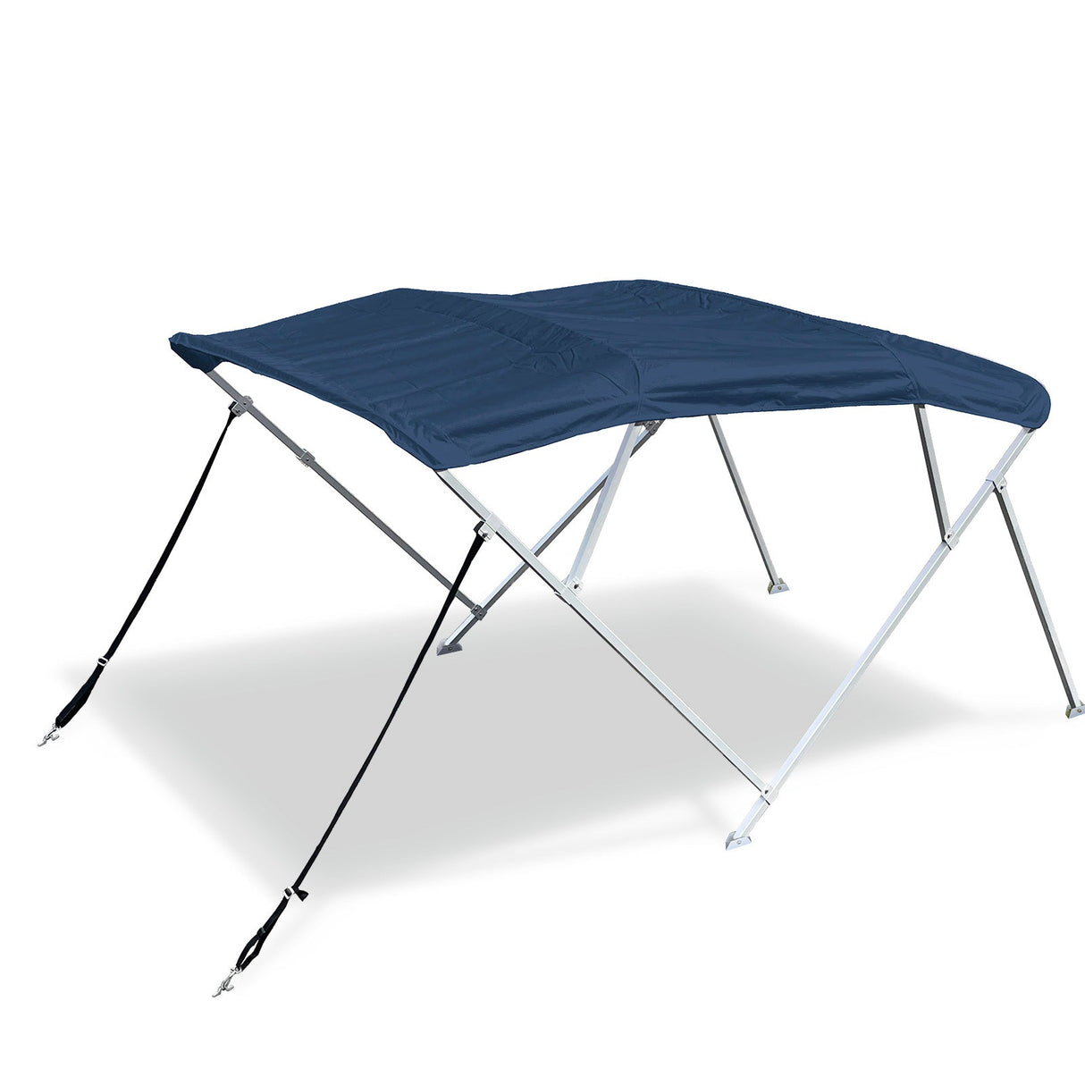 8' long navy 4-bow boat Bimini top with square aluminum frame, marine-grade polyester canvas, deck mount hardware, rear poles, front straps.