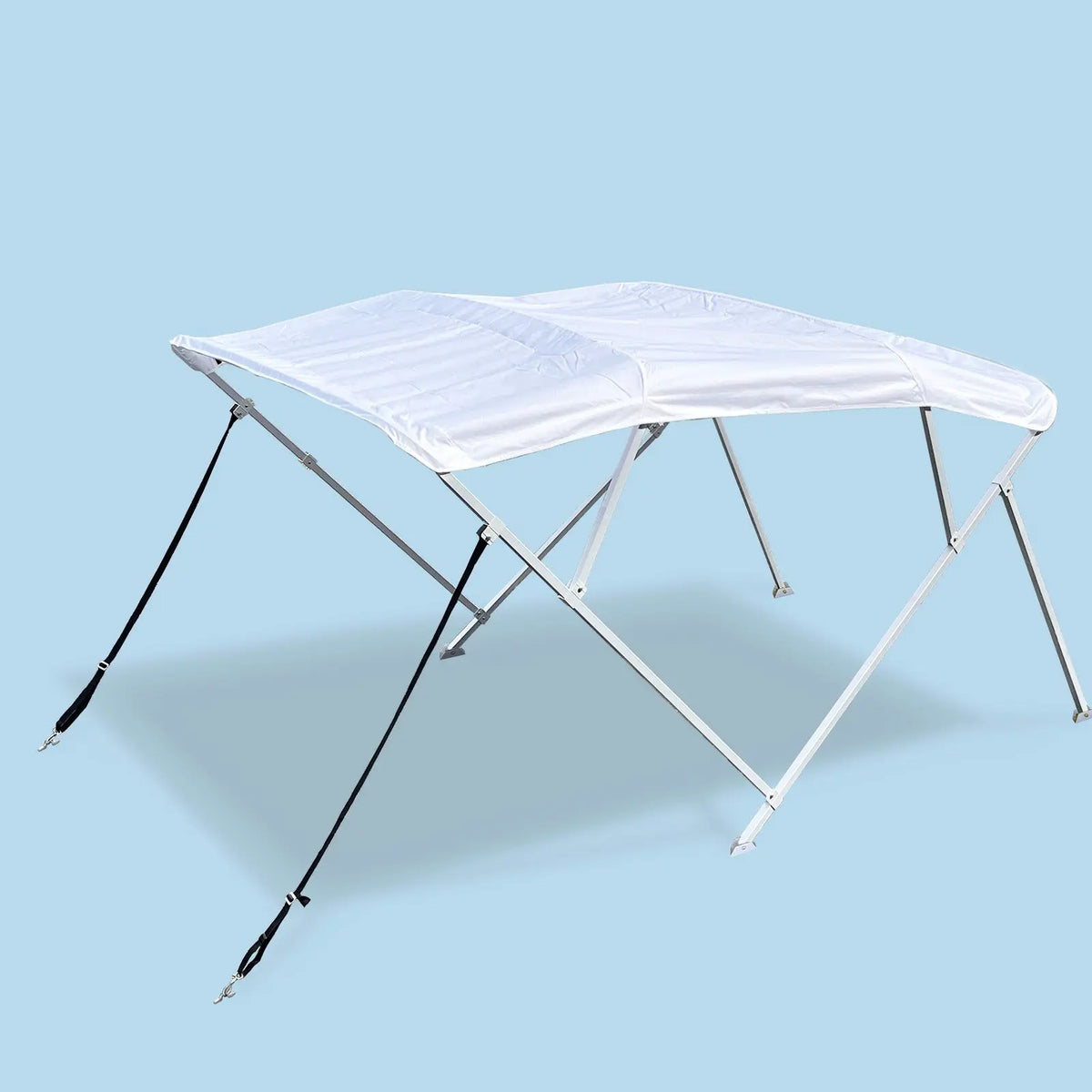 White 4-bow boat Bimini top with square aluminum frame, marine-grade polyester canvas, deck mount hardware, rear poles, front straps.