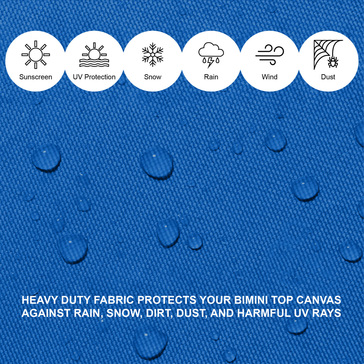 Blue heavy duty fabric providing reliable protection from sun, rain, and other elements, made with durable, weather-resistant materials.