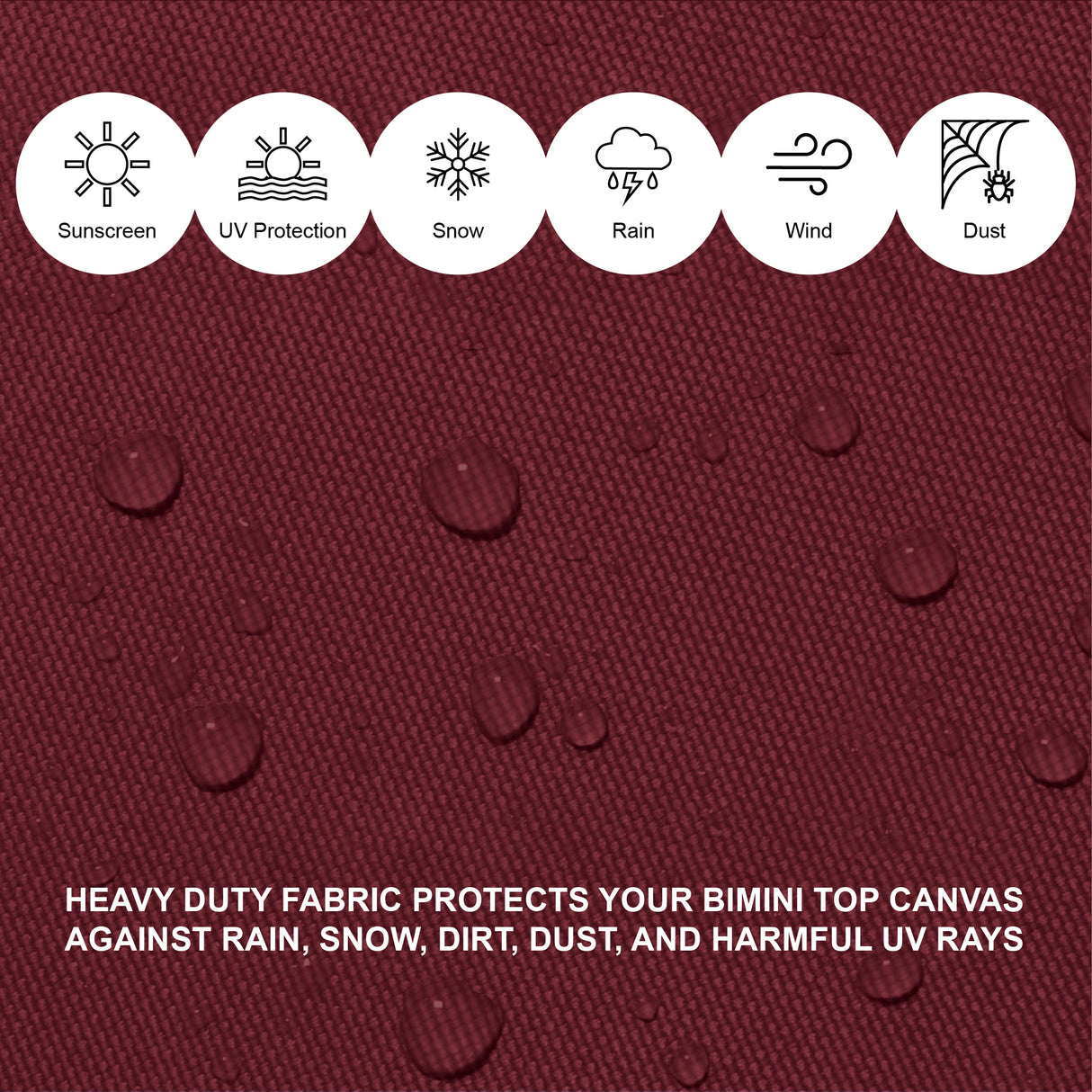Burgundy heavy duty fabric providing reliable protection from sun, rain, and other elements, made with durable, weather-resistant materials.