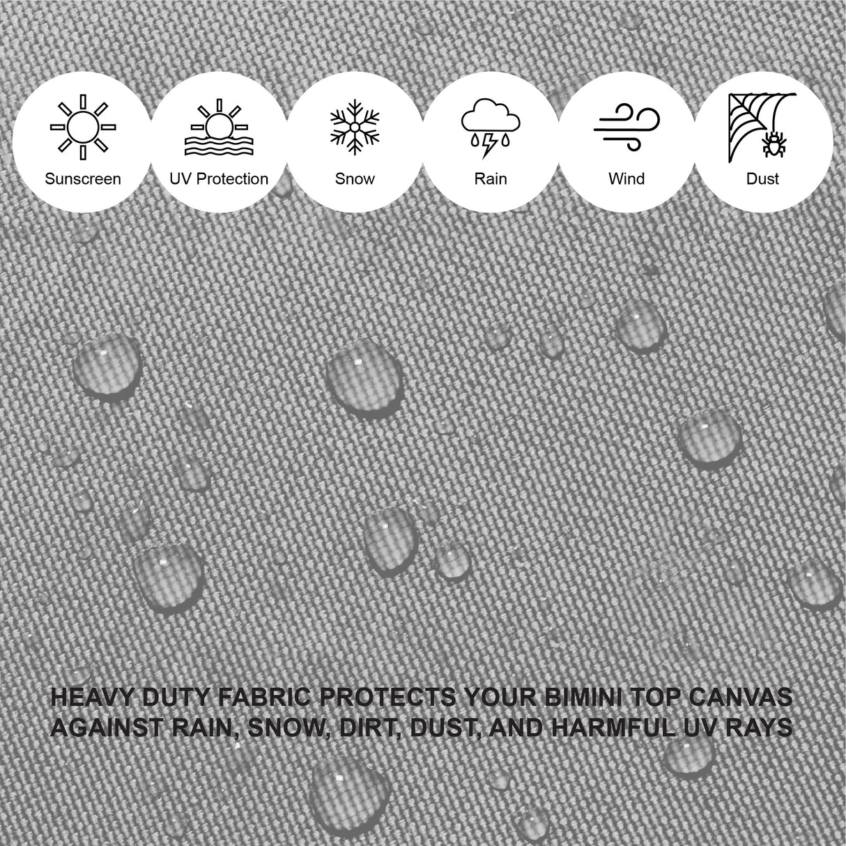 Gray heavy duty fabric providing reliable protection from sun, rain, and other elements, made with durable, weather-resistant materials.