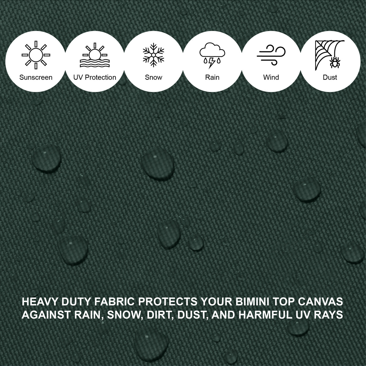 Green heavy duty fabric providing reliable protection from sun, rain, and other elements, made with durable, weather-resistant materials.
