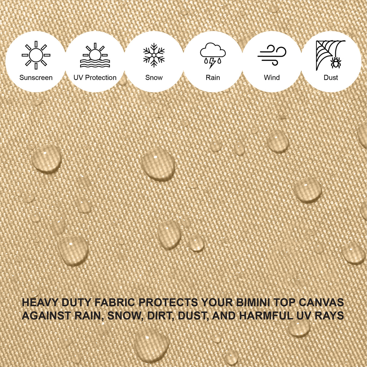 Beige heavy duty fabric providing reliable protection from sun, rain, and other elements, made with durable, weather-resistant materials.