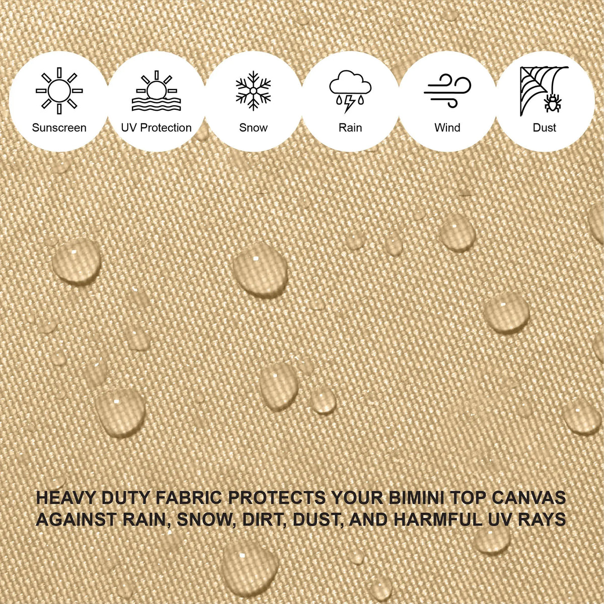 Beige heavy duty fabric providing reliable protection from sun, rain, and other elements, made with durable, weather-resistant materials.