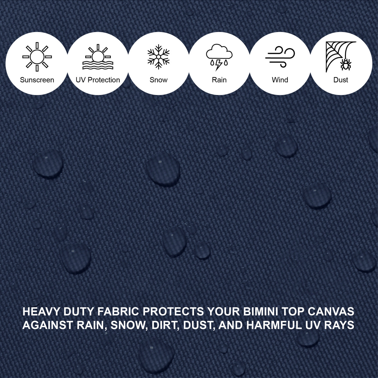 Navy heavy duty fabric providing reliable protection from sun, rain, and other elements, made with durable, weather-resistant materials.