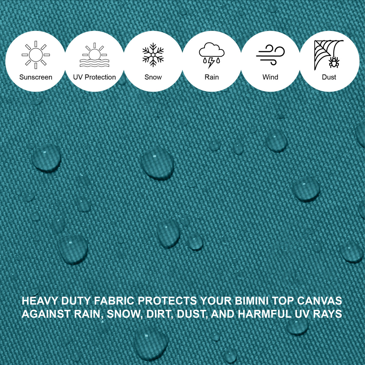Teal heavy duty fabric providing reliable protection from sun, rain, and other elements, made with durable, weather-resistant materials.