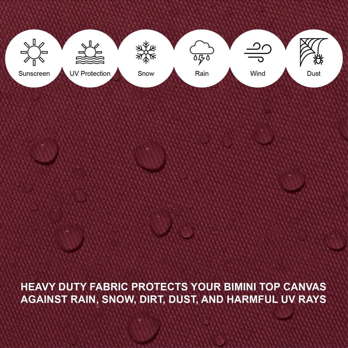 Burgundy Bimini top for boats, providing reliable protection from sun, rain, and other elements, made with durable, weather-resistant materials.