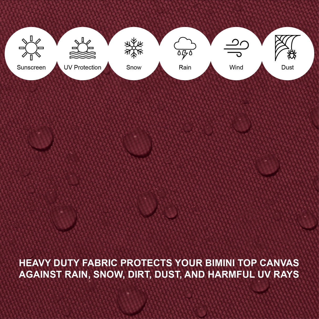 Burgundy Bimini top for boats, providing reliable protection from sun, rain, and other elements, made with durable, weather-resistant materials.