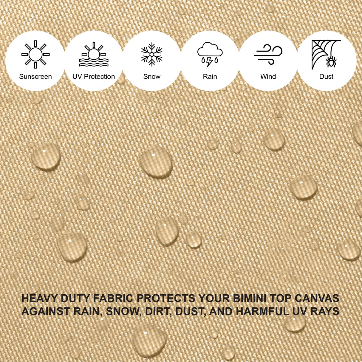 Beige Bimini top for boats, providing reliable protection from sun, rain, and other elements, made with durable, weather-resistant materials.