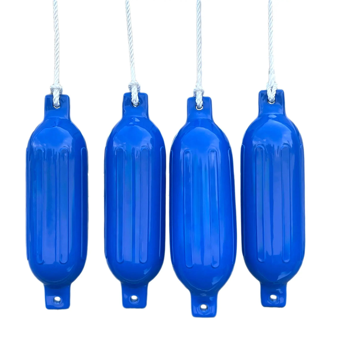 Blue boat fender 4 pack featuring G-type ribbed inflatable boat bumpers made from marine-grade PVC, designed to protect boats and docks from impact, abrasion, and scratches during docking and mooring