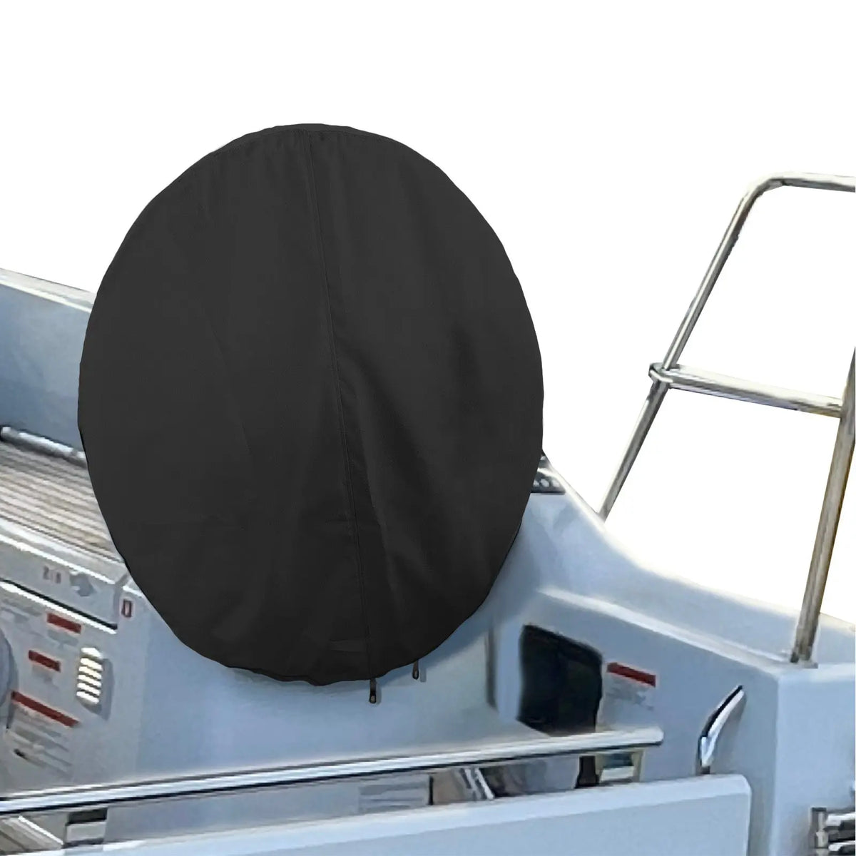 SAVVYCRAFT® black waterproof boat steering wheel cover installed on yacht steering wheel, marine accessory, UV-resistant, slip-resistant, dirt resistant, durable boating gear for sailboats and fishing boats