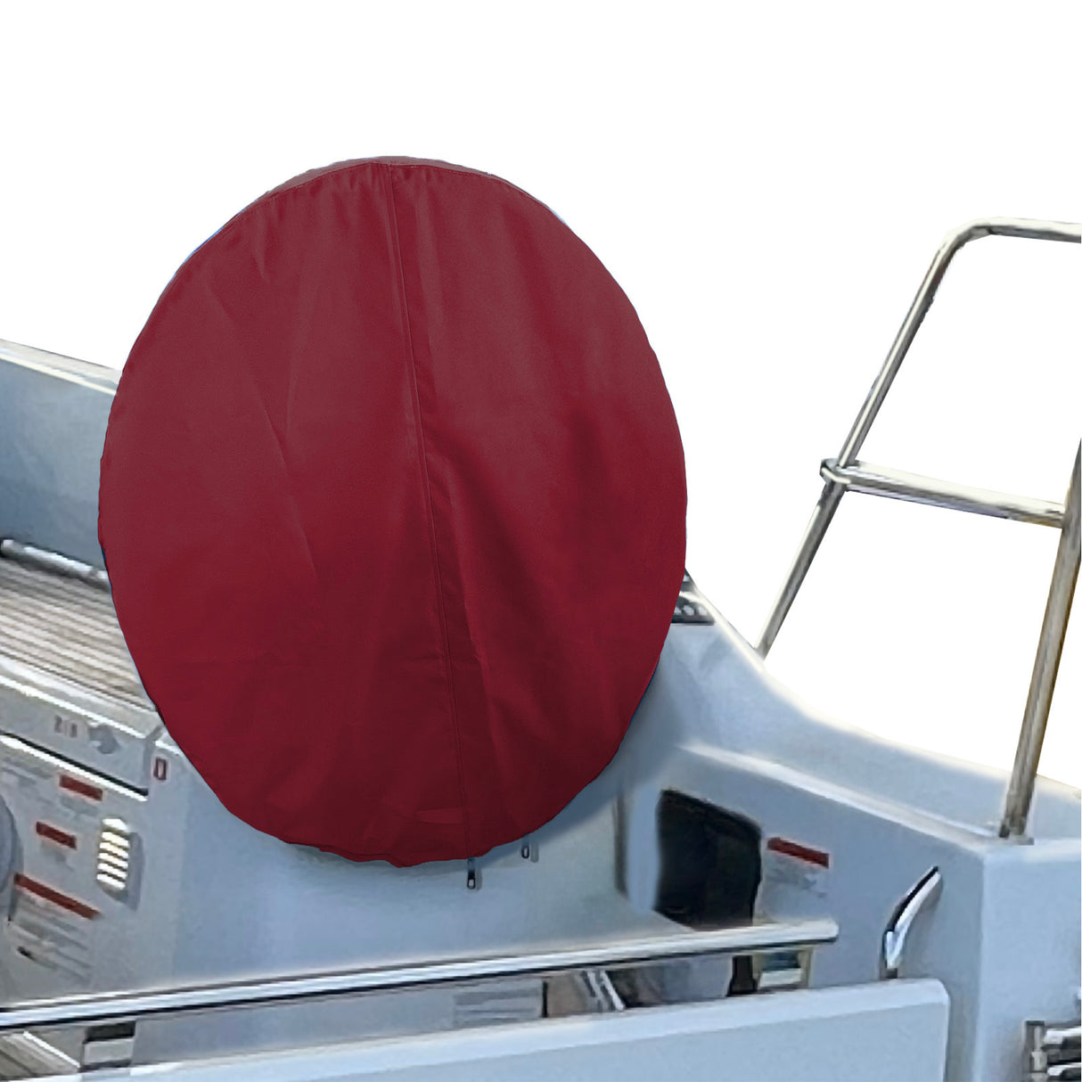 SAVVYCRAFT® burgundy waterproof boat steering wheel cover installed on yacht steering wheel, marine accessory, UV-resistant, slip-resistant, dirt resistant, durable boating gear for sailboats and fishing boats