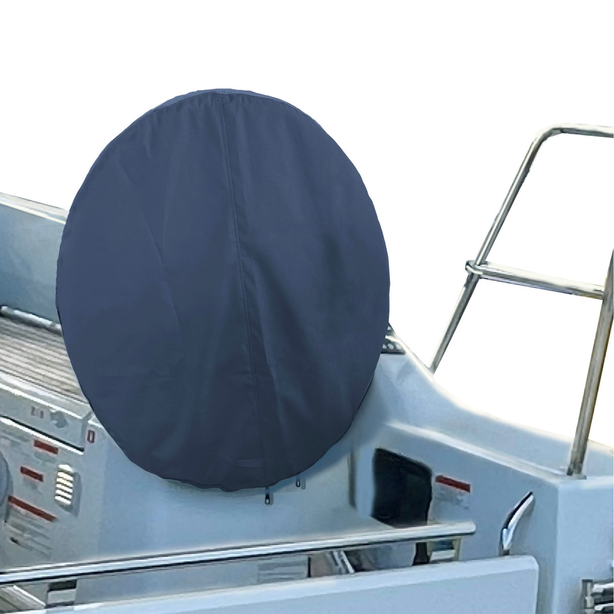 SAVVYCRAFT® navy waterproof boat steering wheel cover installed on yacht steering wheel, marine accessory, UV-resistant, slip-resistant, dirt resistant, durable boating gear for sailboats and fishing boats