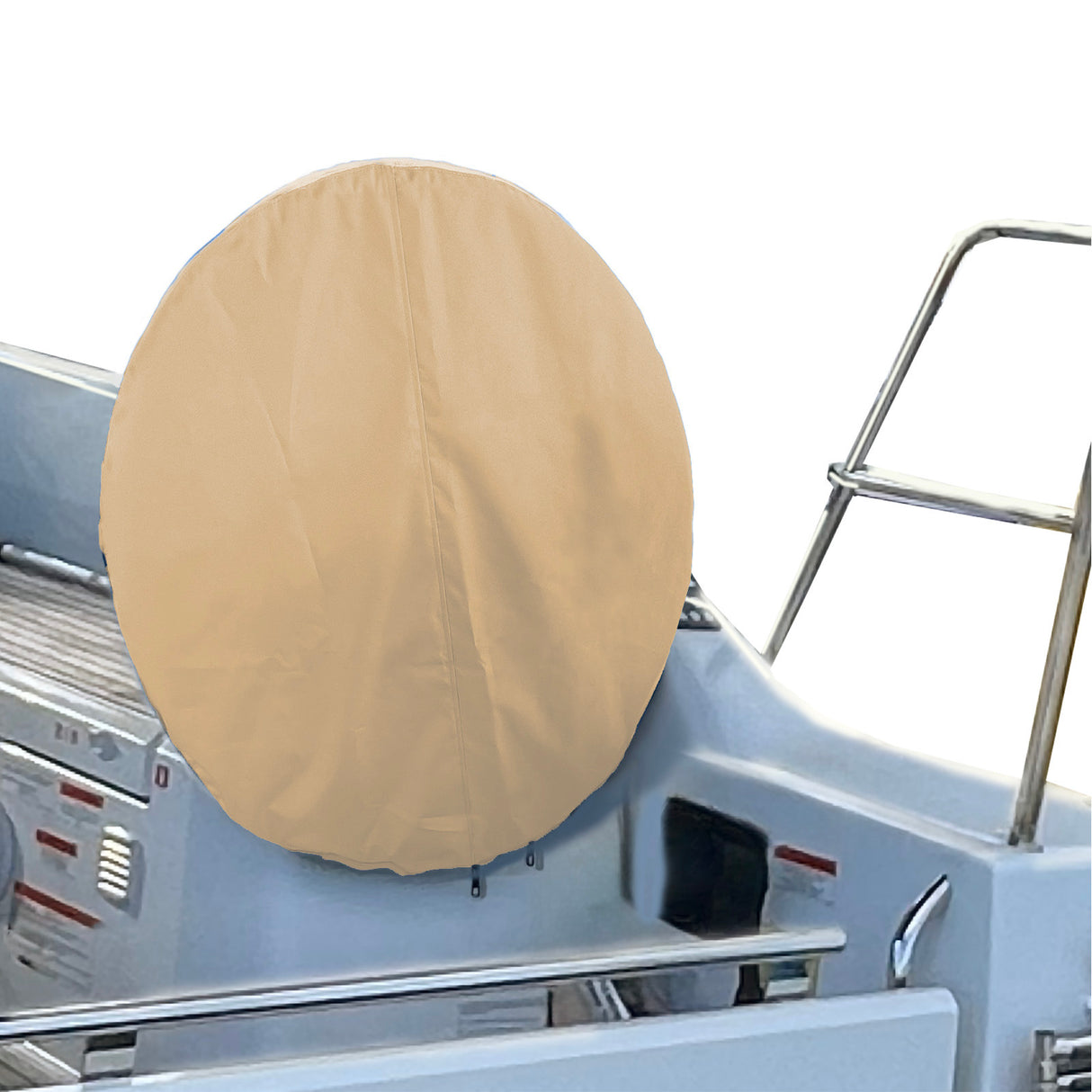 SAVVYCRAFT® tan waterproof boat steering wheel cover installed on yacht steering wheel, marine accessory, UV-resistant, slip-resistant, dirt resistant, durable boating gear for sailboats and fishing boats