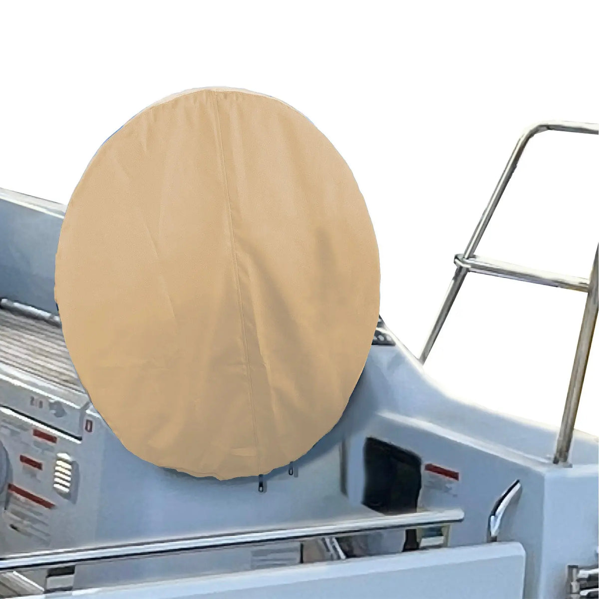 SAVVYCRAFT® tan waterproof boat steering wheel cover installed on yacht steering wheel, marine accessory, UV-resistant, slip-resistant, dirt resistant, durable boating gear for sailboats and fishing boats