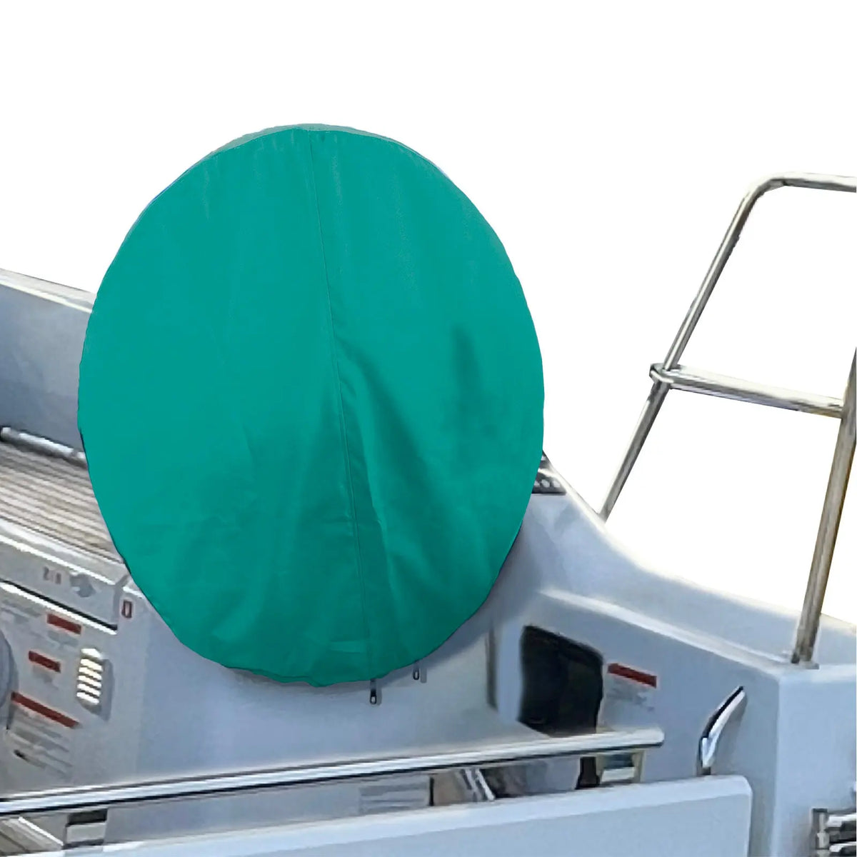 SAVVYCRAFT® teal waterproof boat steering wheel cover installed on yacht steering wheel, marine accessory, UV-resistant, slip-resistant, dirt resistant, durable boating gear for sailboats and fishing boats