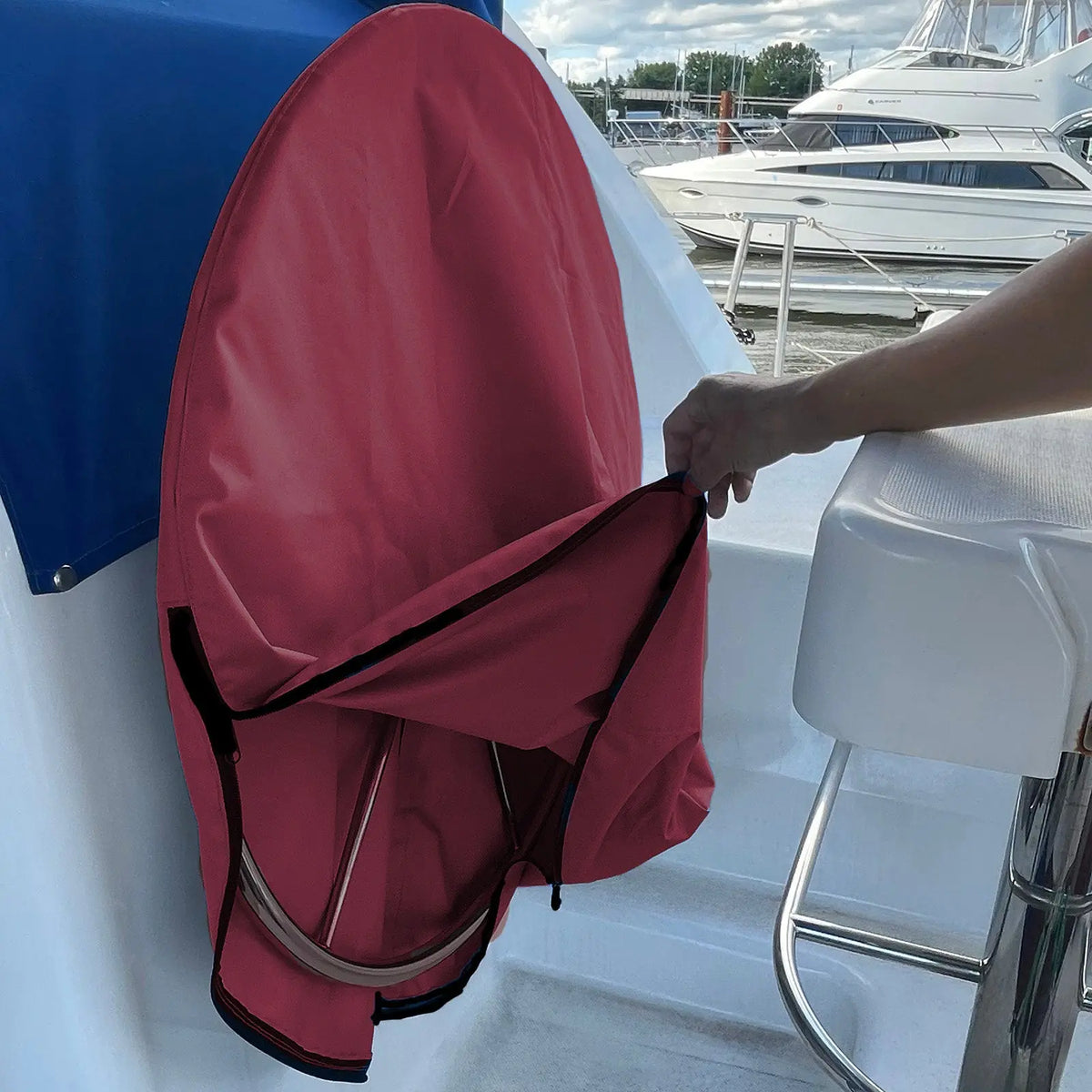 SAVVYCRAFT® burgundy waterproof boat steering wheel cover on boat wheel with half-open zipper for easy installation and secure fit