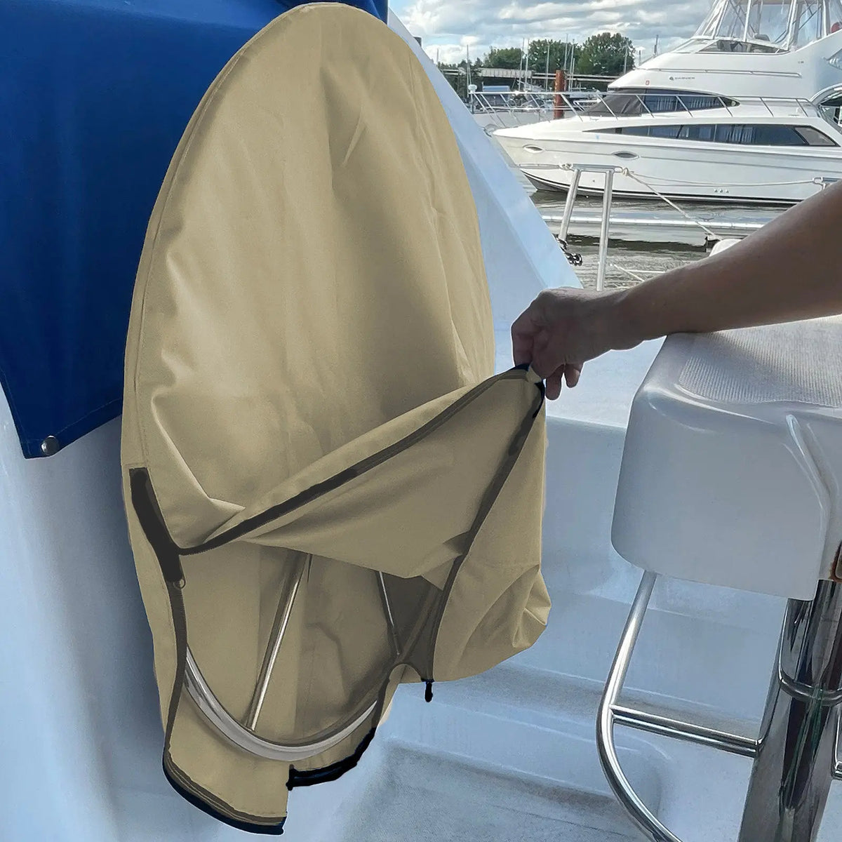 SAVVYCRAFT® tan waterproof boat steering wheel cover on boat wheel with half-open zipper for easy installation and secure fit