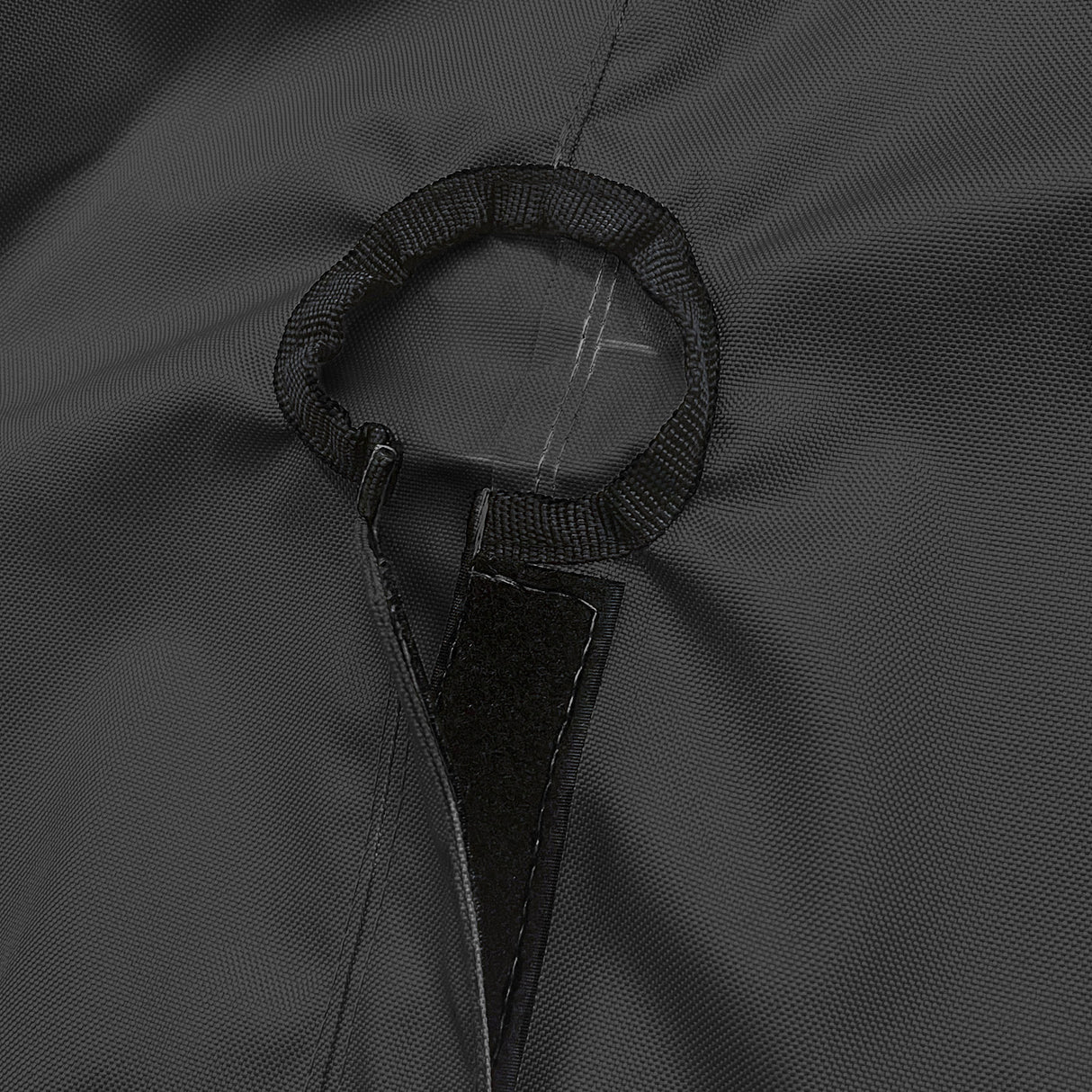 Close-up of SAVVYCRAFT® black waterproof boat steering wheel cover showing elastic opening and reinforced fastening strap for secure marine fit