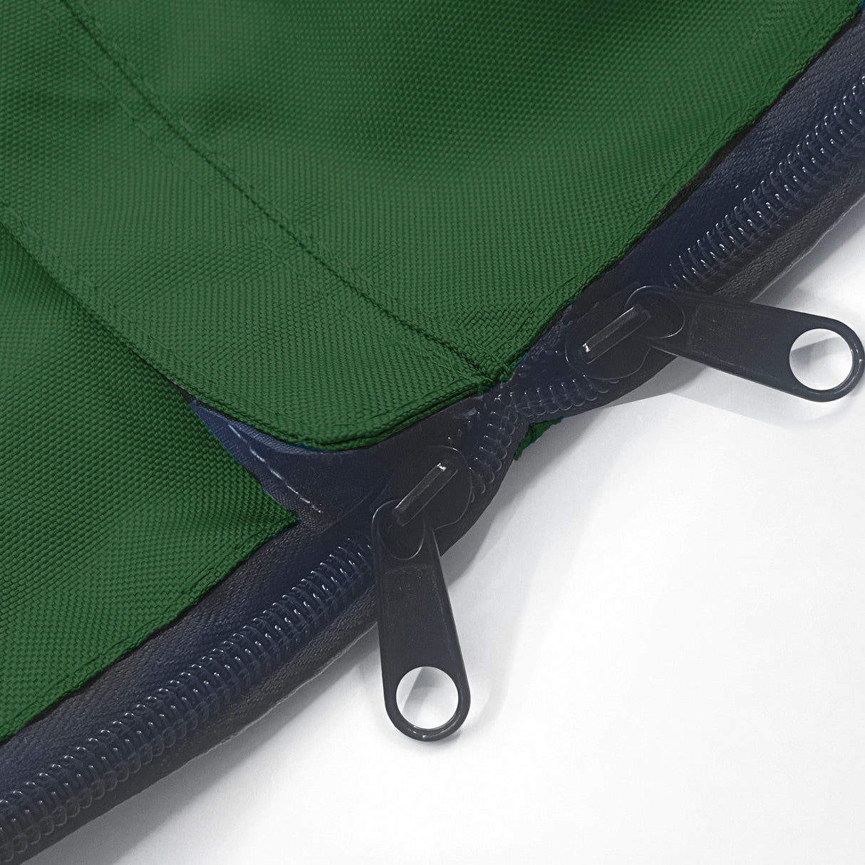 Close-up of SAVVYCRAFT® green waterproof boat steering wheel cover showing heavy-duty zipper closure and reinforced stitching for marine durability