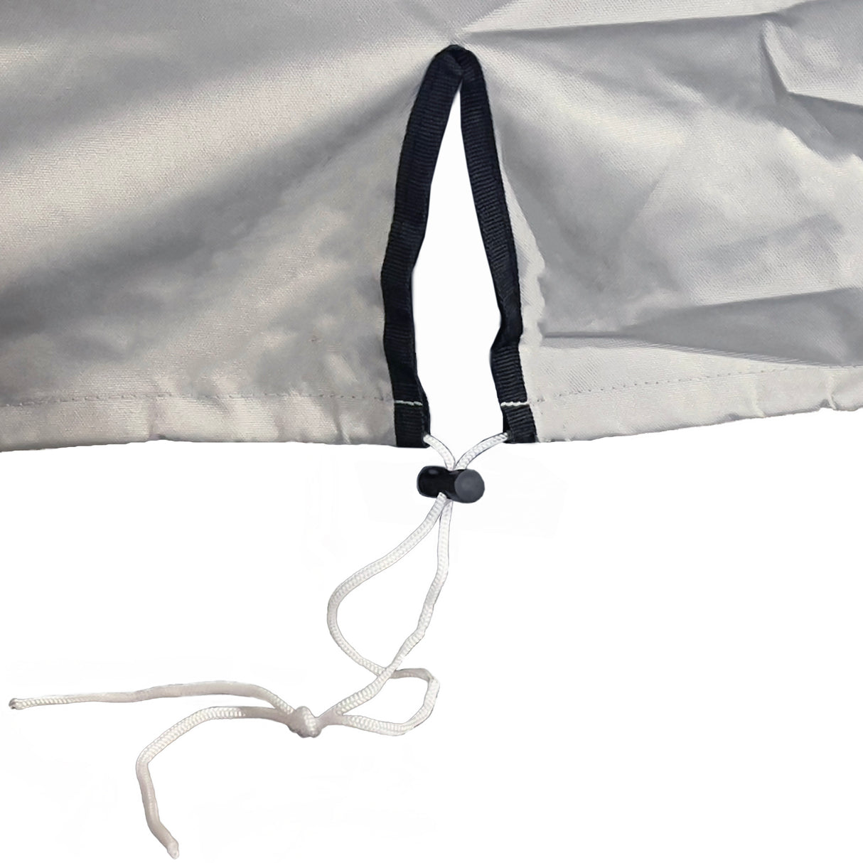Close-up detail of the adjustable drawstring hem with a black toggle stopper on the SavvyCraft grey boat console cover, designed to ensure a secure and snug fit.