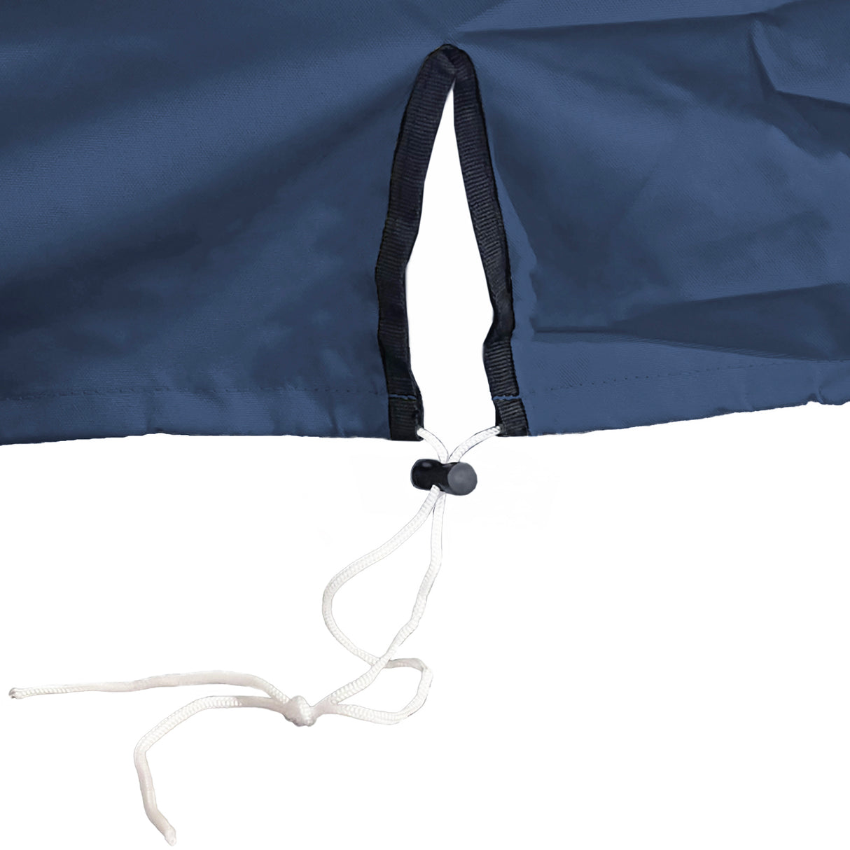 Close-up detail of the adjustable drawstring hem with a black toggle stopper on the SavvyCraft navy boat console cover, designed to ensure a secure and snug fit.