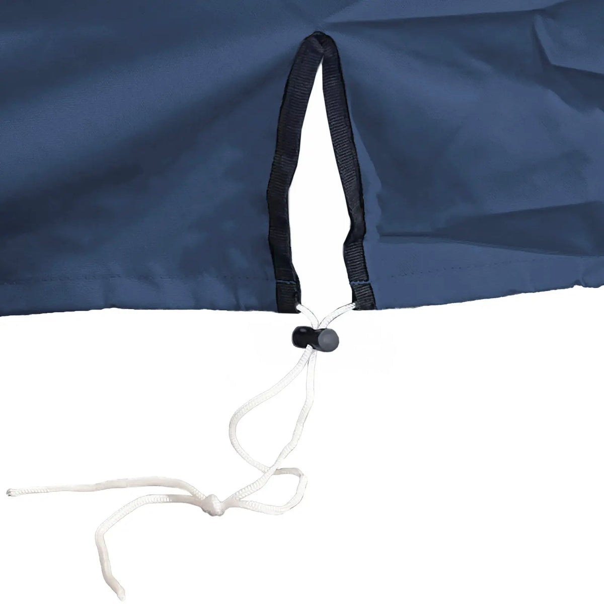 Close-up detail of the adjustable drawstring hem with a black toggle stopper on the SavvyCraft navy boat console cover, designed to ensure a secure and snug fit.