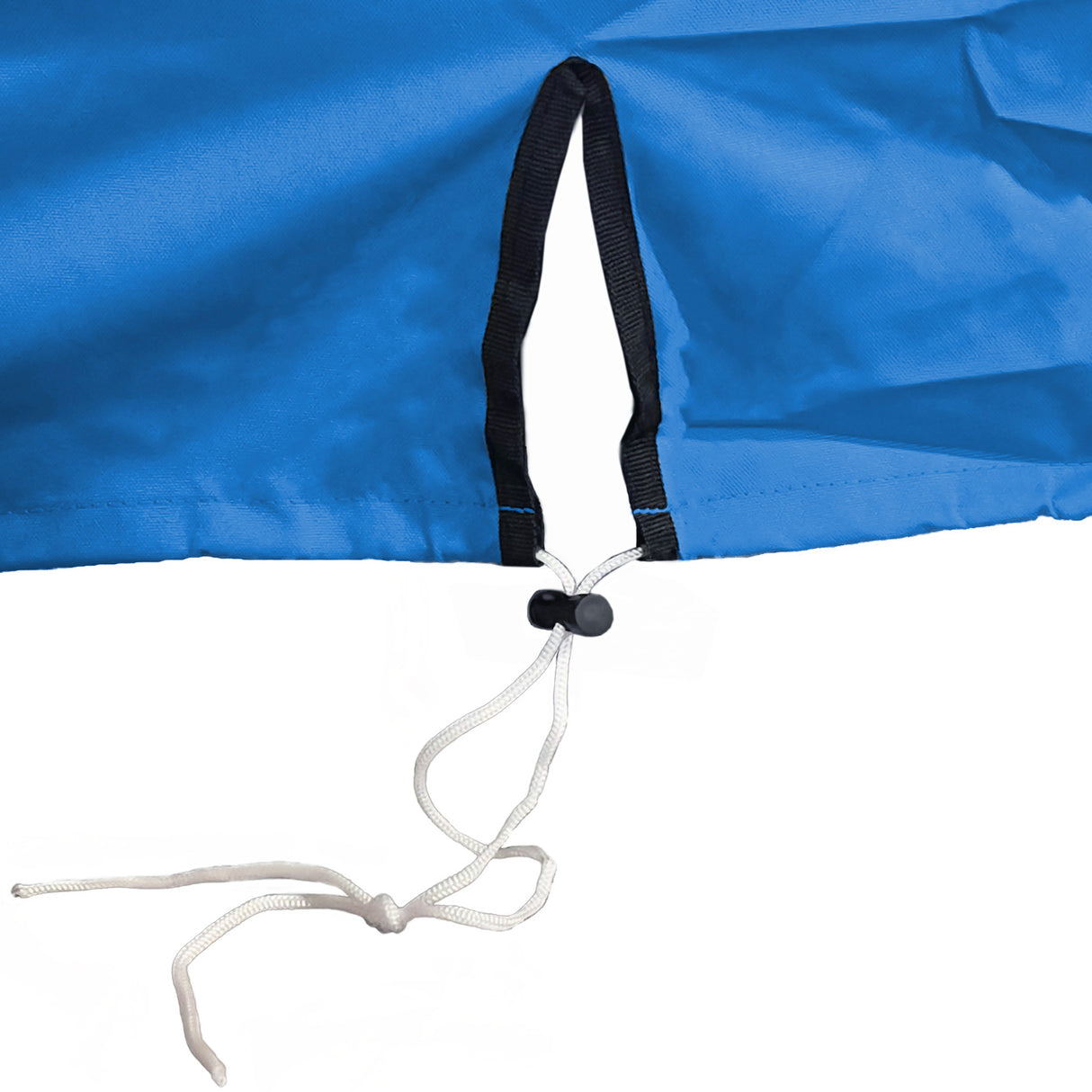 Close-up detail of the adjustable drawstring hem with a black toggle stopper on the SavvyCraft blue boat console cover, designed to ensure a secure and snug fit.