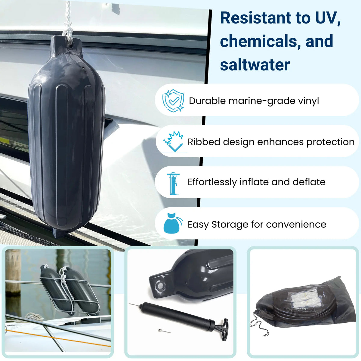 SAVVYCRAFT 4-pack G-type ribbed inflatable boat fenders in black, featuring durable marine-grade vinyl, UV resistance, and an easy-inflation hand pump with storage bag