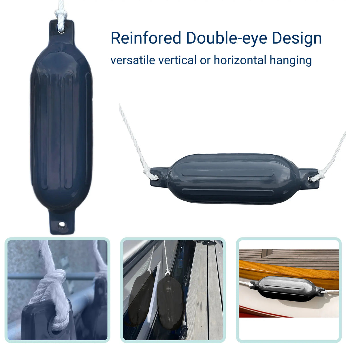 Inflatable black boat bumpers with double-eyelet design, shown hanging both vertically and horizontally with marine rope to demonstrate versatile boat docking protection