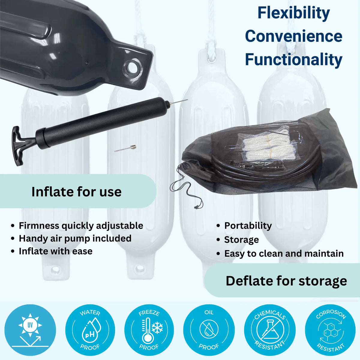Deflatable black boat bumpers shown in compact mesh storage bag for portability, featuring easy-to-clean marine vinyl that allows for quick inflation and deflation