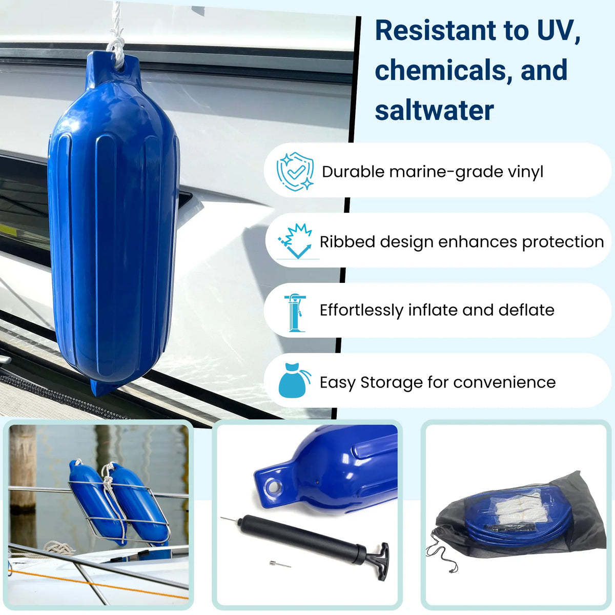 SAVVYCRAFT 4-pack G-type ribbed inflatable boat fenders in blue, featuring durable marine-grade vinyl, UV resistance, and an easy-inflation hand pump with storage bag