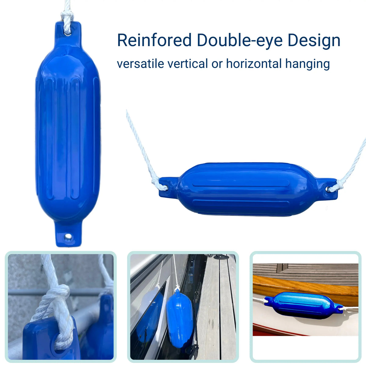 Inflatable blue boat bumpers with double-eyelet design, shown hanging both vertically and horizontally with marine rope to demonstrate versatile boat docking protection