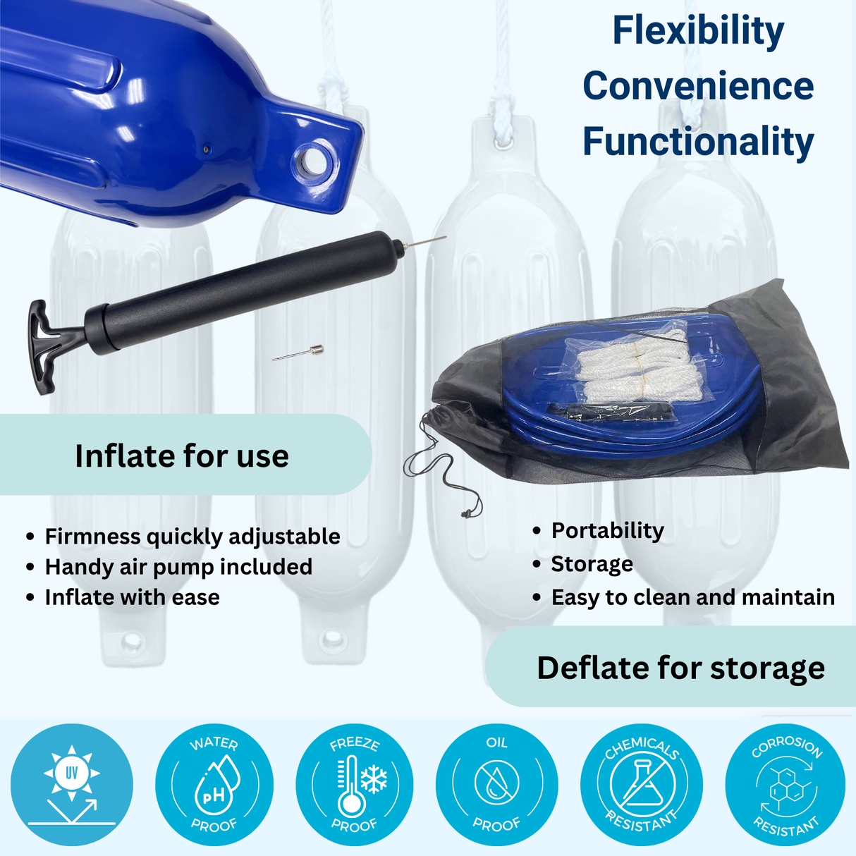 Deflatable blue boat bumpers shown in compact mesh storage bag for portability, featuring easy-to-clean marine vinyl that allows for quick inflation and deflation