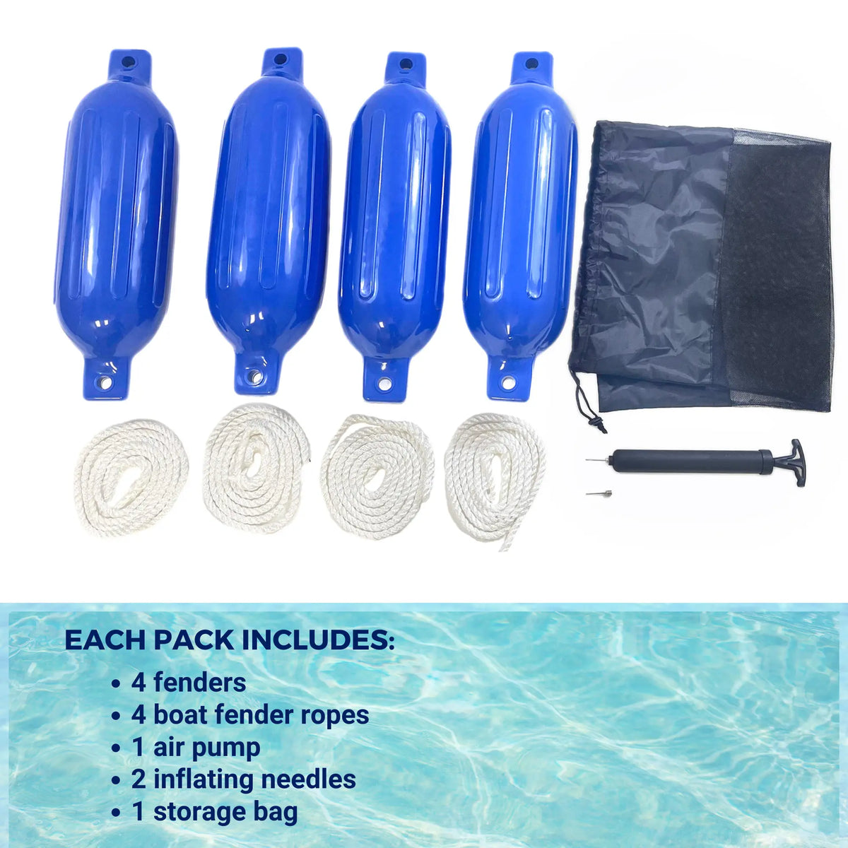 SAVVYCRAFT blue boat fender 4-pack kit including 4 ribbed fenders, 4 boat fender ropes, 1 manual air pump, 2 inflating needles, and 1 mesh storage bag
