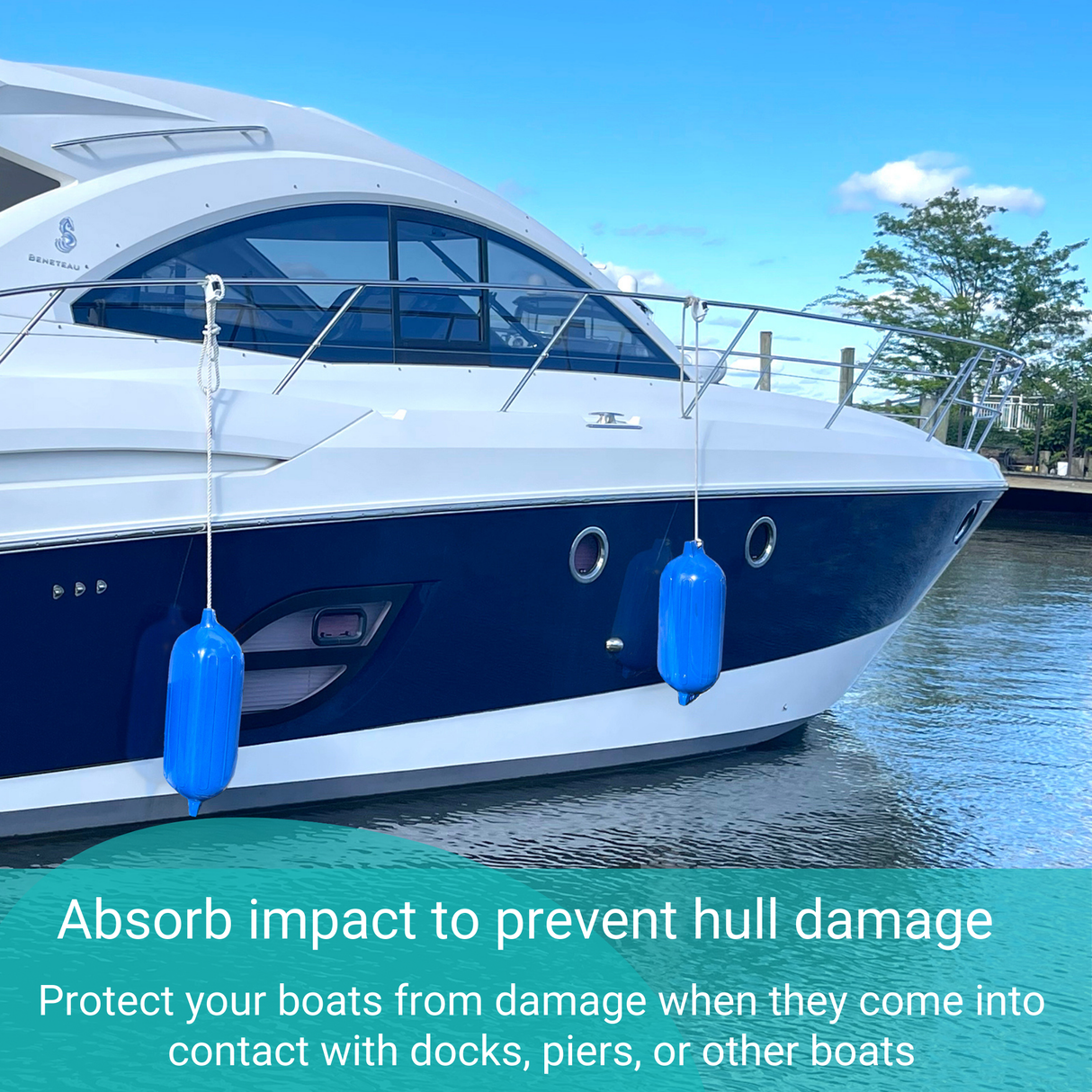 Marine docking protection fenders that absorb shock to prevent damage to boat hulls from piers and rafting with other boats