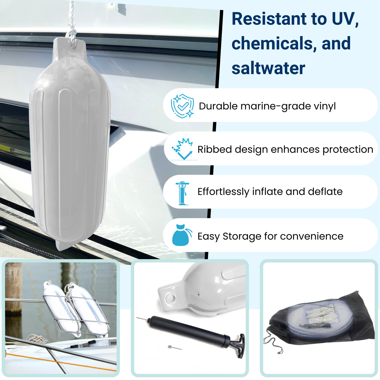 SAVVYCRAFT 4-pack G-type ribbed inflatable boat fenders in white, featuring durable marine-grade vinyl, UV resistance, and an easy-inflation hand pump with storage bag