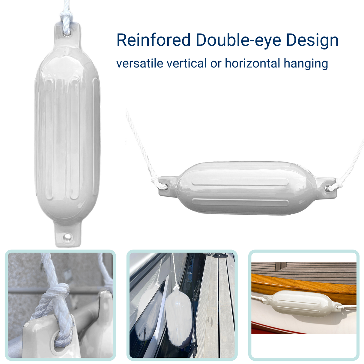 Inflatable white boat bumpers with double-eyelet design, shown hanging both vertically and horizontally with marine rope to demonstrate versatile boat docking protection
