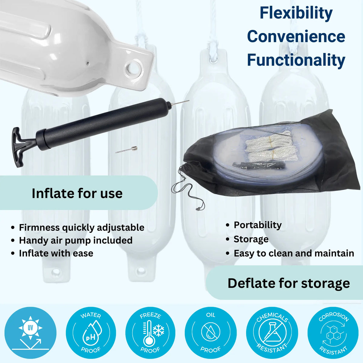 Deflatable white boat bumpers shown in compact mesh storage bag for portability, featuring easy-to-clean marine vinyl that allows for quick inflation and deflation