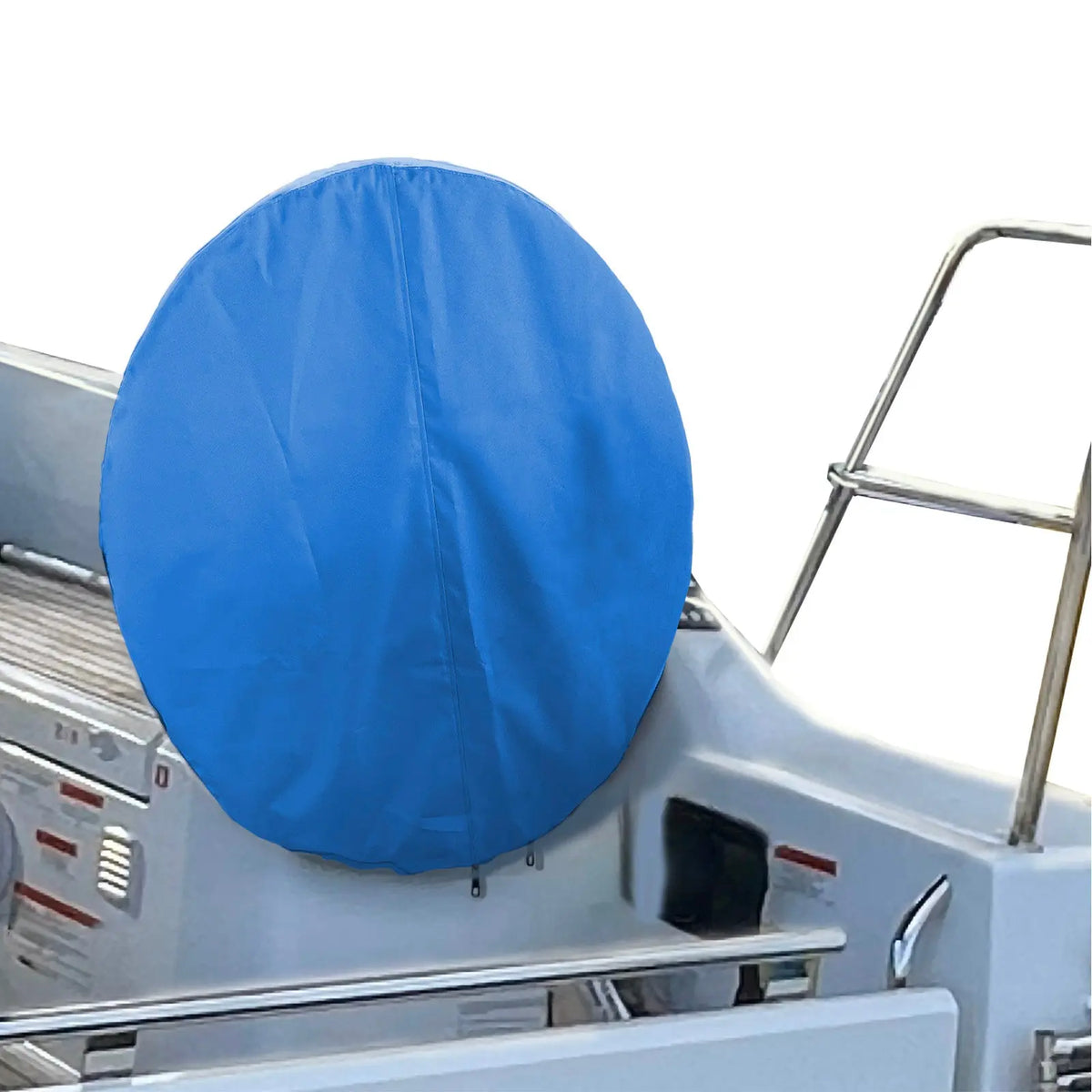 SAVVYCRAFT® blue waterproof boat steering wheel cover installed on yacht steering wheel, marine accessory, UV-resistant, slip-resistant, dirt resistant, durable boating gear for sailboats and fishing boats