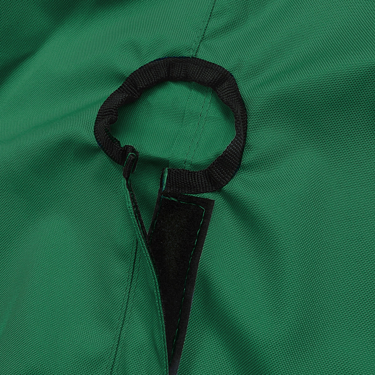 Close-up of SAVVYCRAFT® green waterproof boat steering wheel cover showing elastic opening and reinforced fastening strap for secure marine fit