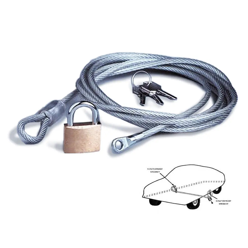 Car security cable with padlock and keys on a white background.