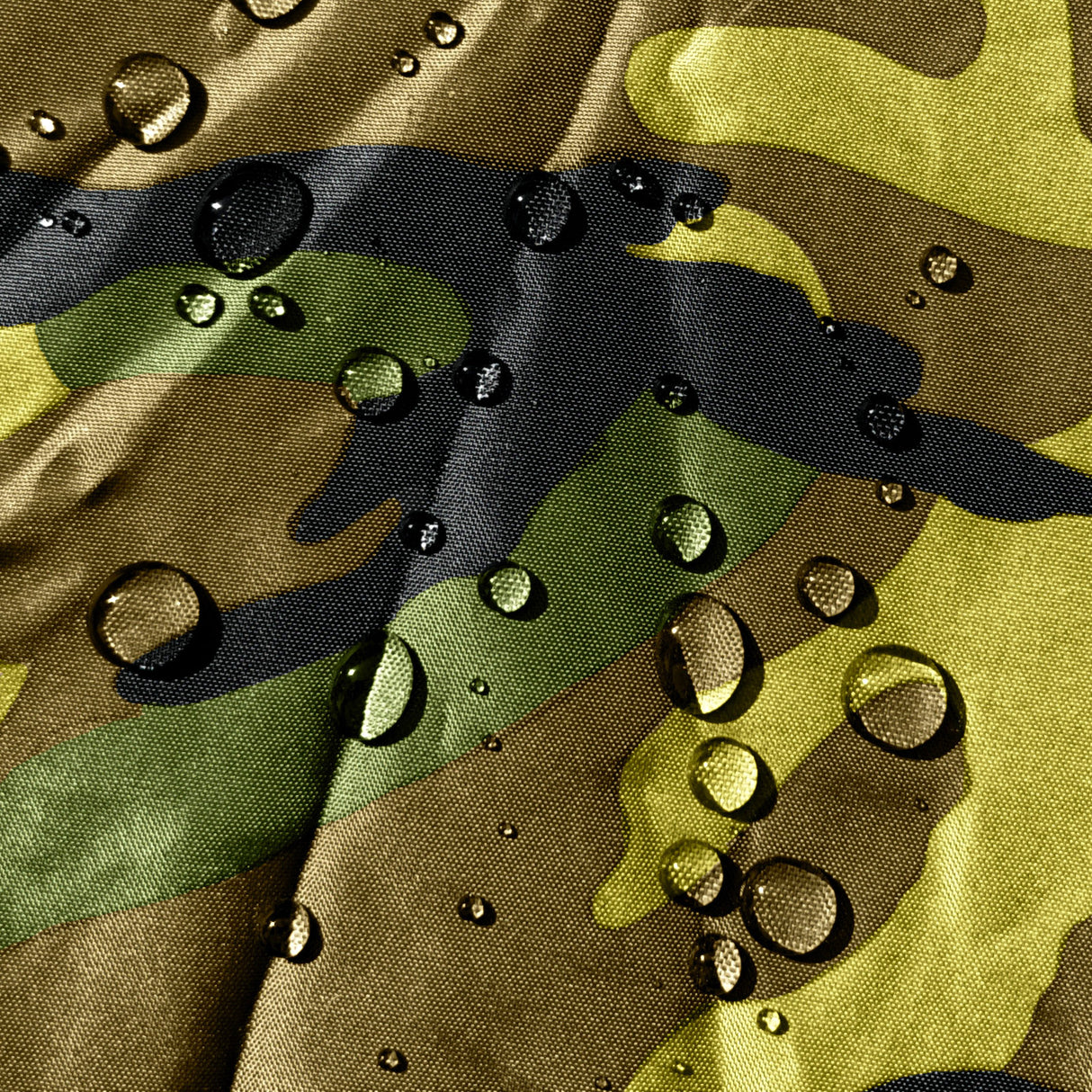 Water repellent camo pond boat cover material showing hydrophobic coating and heavy-duty weave