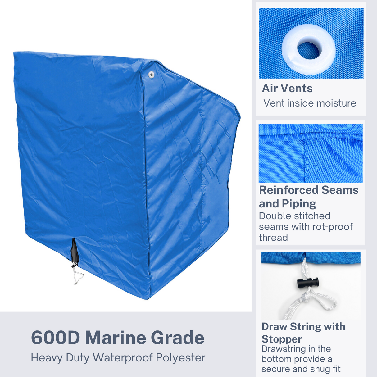 Product detail view of SavvyCraft blue waterproof boat console protector highlighting heavy-duty fabric, breathable plastic eyelets for ventilation, and a drawstring hem with stopper for a snug, secure fit