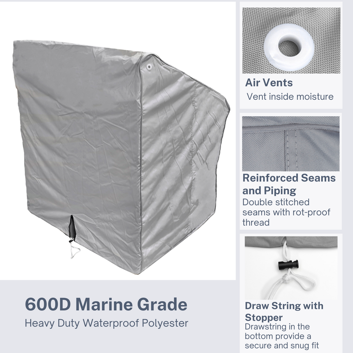 Product detail view of SavvyCraft grey waterproof boat console protector highlighting heavy-duty fabric, breathable plastic eyelets for ventilation, and a drawstring hem with stopper for a snug, secure fit